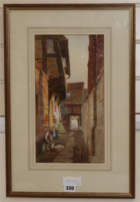 S.G. Williams Roscoe, watercolour, children putting out washing in a back street, possibly Tewkesbury, signed, 36 x 19cm